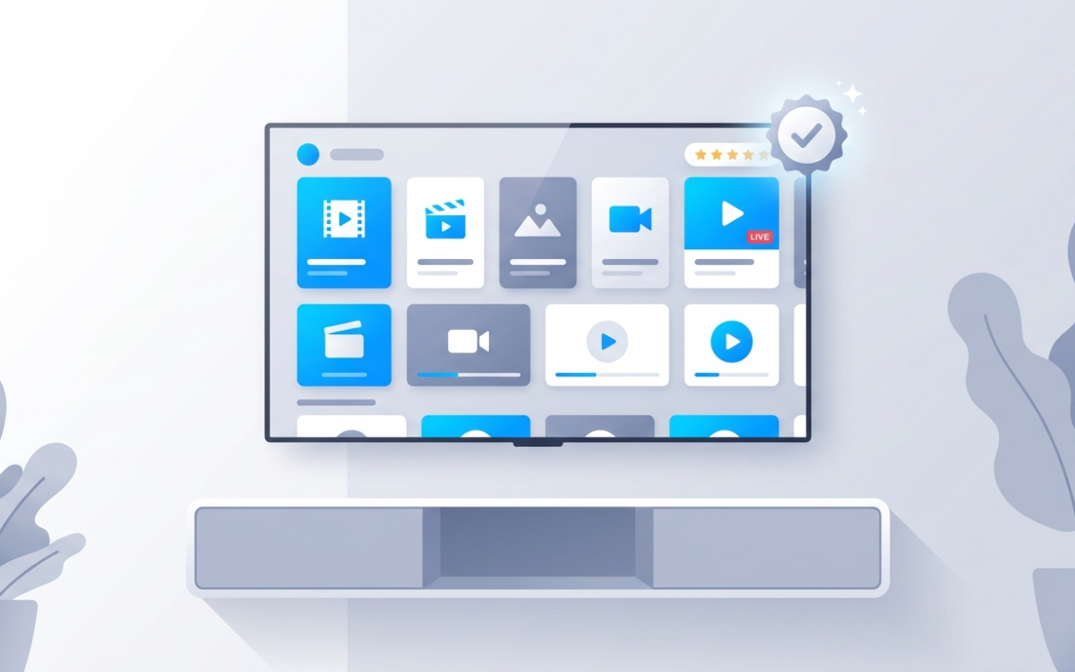 Smart TV showing a top-rated IPTV service with a quality badge in Canada