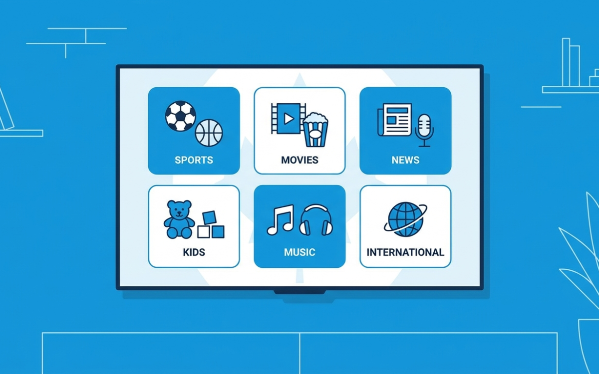 Smart TV showing IPTV channel categories with a maple leaf accent