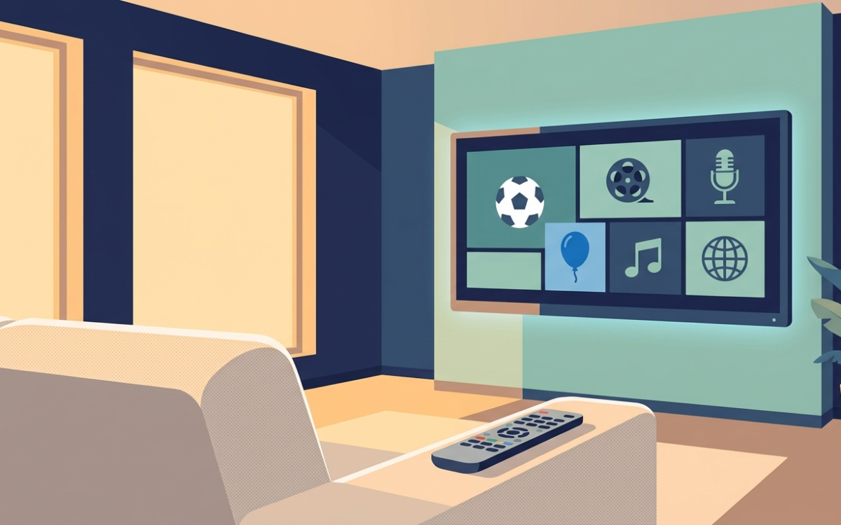 IPTV channel categories displayed on a smart TV screen in a modern Canadian living room