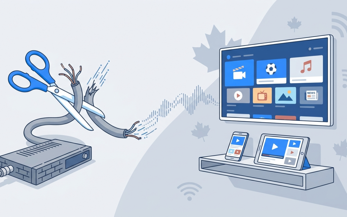 Scissors cutting a coaxial cable beside a smart TV streaming, showing how to watch TV without cable in Canada