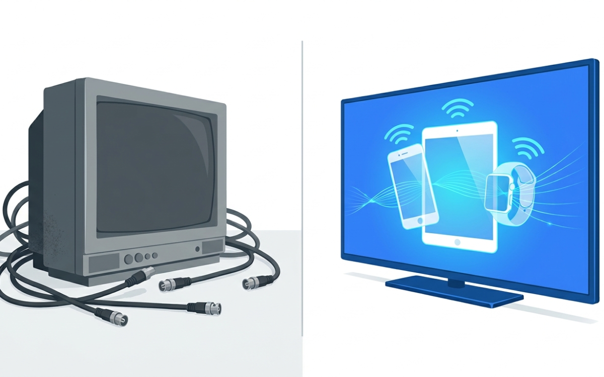 Old cable box compared with a modern IPTV streaming setup on a smart TV