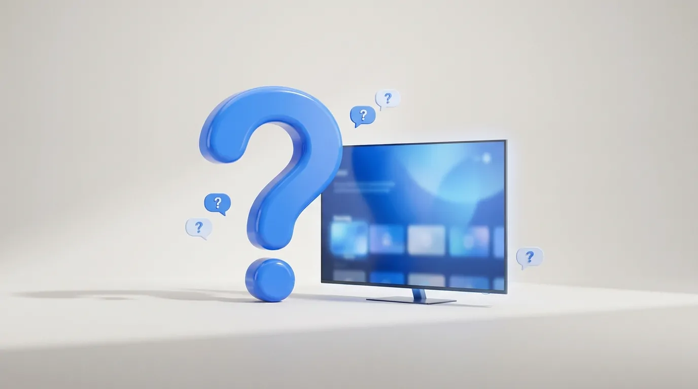 Question marks beside a smart TV representing common questions about IPTV in Canada