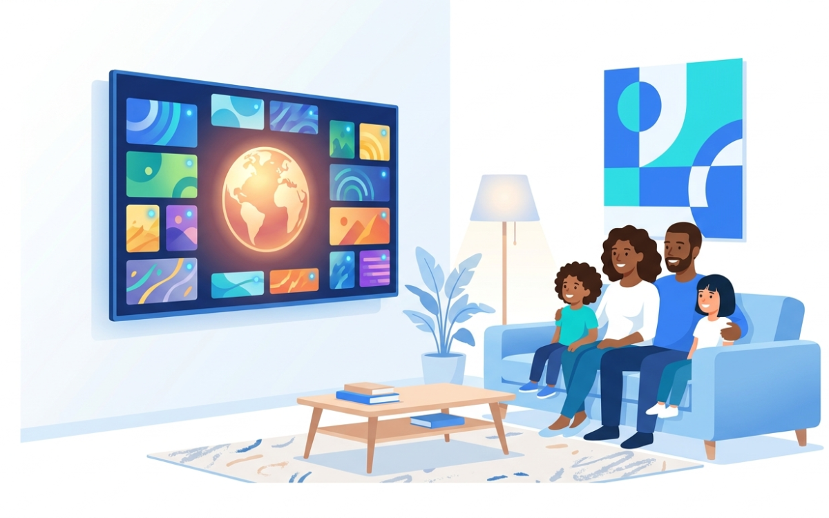 Multicultural Canadian family watching international IPTV channels from back home on a smart TV