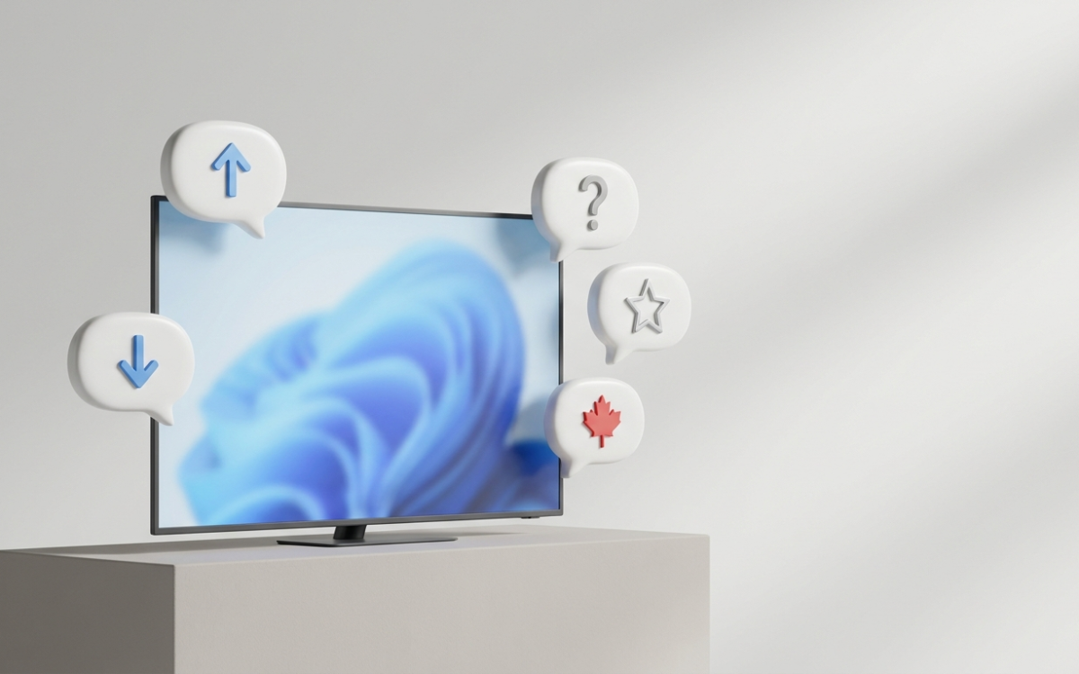Speech bubbles with upvotes, downvotes and a maple leaf around a TV, representing IPTV Canada Reddit opinions