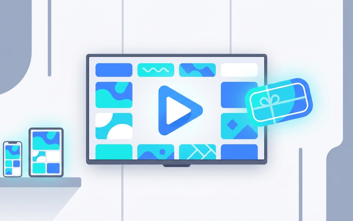 Smart TV with a glowing play button and a free-trial gift tag, streaming IPTV content in Canada