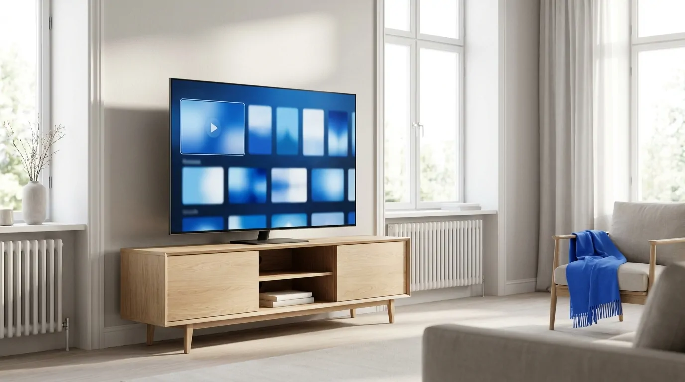 Smart TV in a bright Canadian living room showing an IPTV streaming interface during a free trial