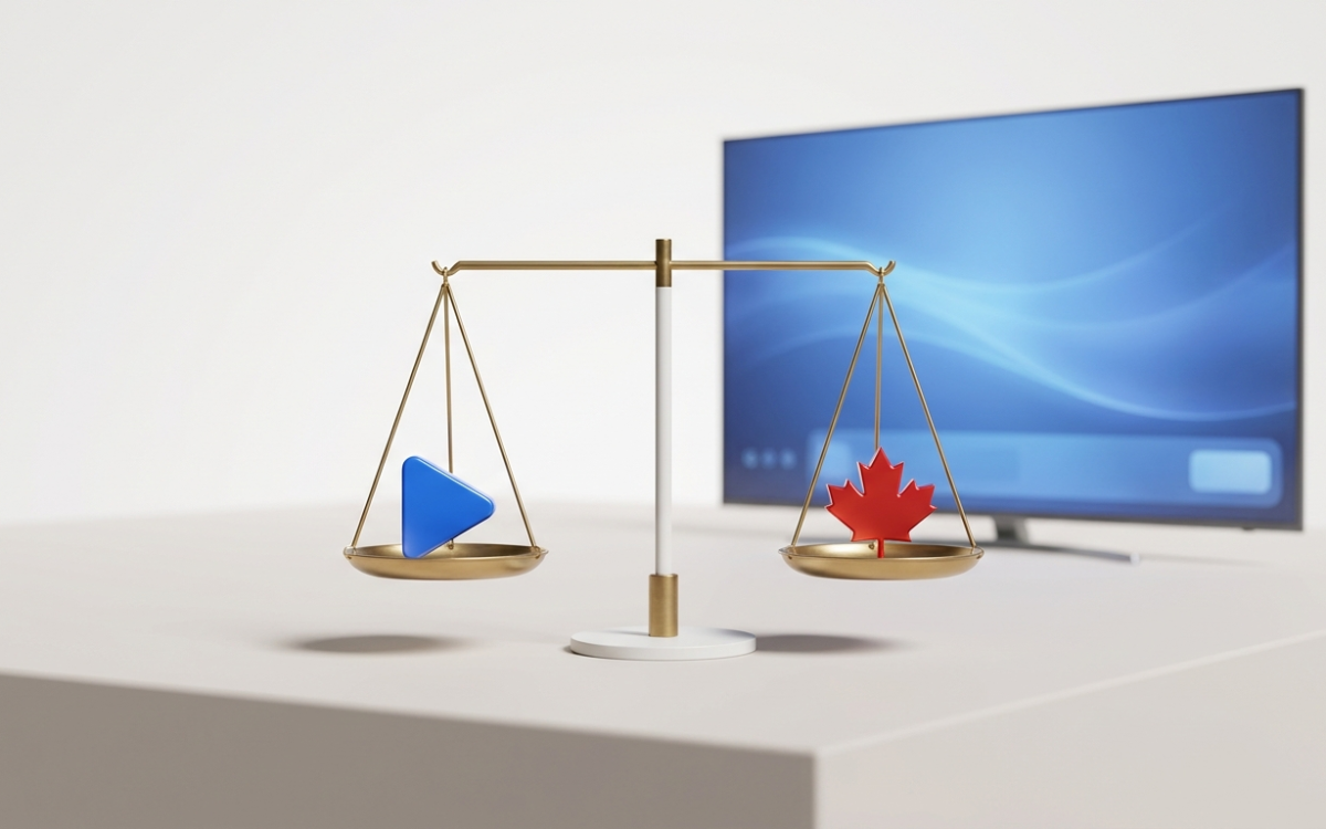 Justice scale weighing a play button and a maple leaf, showing whether IPTV is legal in Canada